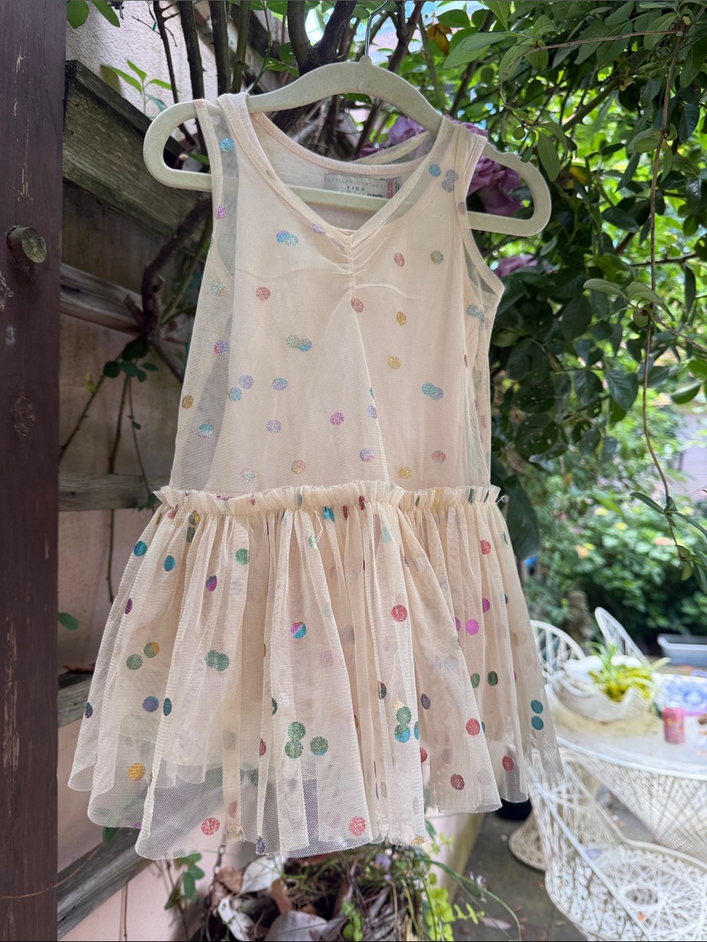 Stella McCartney Kids Cream Tulle Dress with Multicolor Sequin Dots